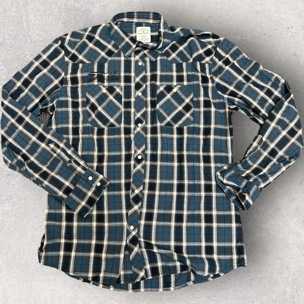 Tom Tailor Shirt Mens XL Plaid Western Pearl‎ Snap Button Up Blue Gray White